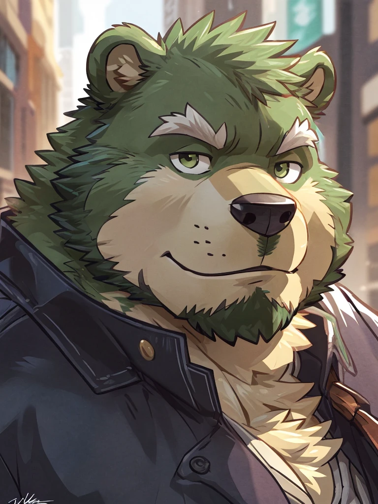 anthro, kemono, male, solo,  (((green bear))), (((green fur))), green hair, beard, white eyebrows, simple background, mature, casual clothes, anthro donkey, 4k, high resolution, best quality, posted on e621, solo, anthro body, male, adult, masculine, , correct anatomy, (icon), (blurry background, out-of-focus background:1.2), (by takemoto arashi:1.0), (by wfa:1), (by Taran Fiddler:0.5), young, (cel shaded, cartoony shading:1.2), black lineart, black outline, flat coloring, (strong shadows, dark shadows:1.2), dynamic pose, portrait, close up to face,
