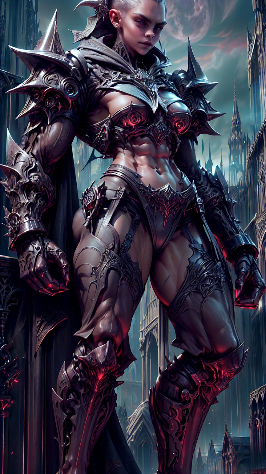Full body portrait, (1 girl), (cara delevingne:1.25), Beautiful muscular armoured vampire girl standing on cathedral looking at the moon, (gothic vampire body armor:1.25), (extreme muscular definition:1.5), (large muscular vascular breasts:1.25), (huge muscular arms:1.5,) (10-pack abs:1.4), (lots of veins:1.25), thin legs, Realistic, Very detailed face and eyes, masterpiece