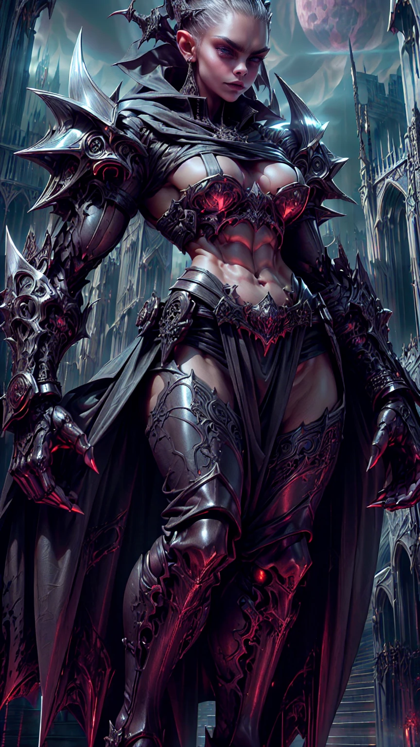 Full body portrait, (1 girl), (cara delevingne:1.25), Beautiful muscular armoured vampire girl standing on cathedral looking at the moon, (gothic vampire body armor:1.25), (extreme muscular definition:1.5), (large muscular vascular breasts:1.25), (huge muscular arms:1.5,) (10-pack abs:1.4), (lots of veins:1.25), thin legs, Realistic, Very detailed face and eyes, masterpiece