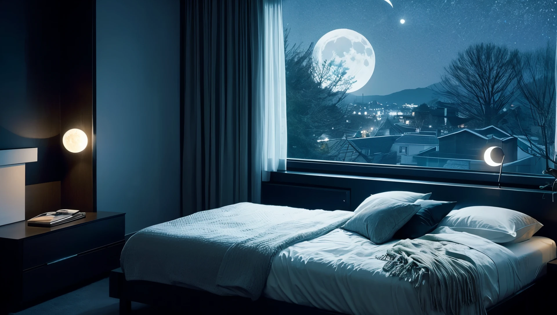 night bed Bedside dark Stylish Moon from the window Blurred,