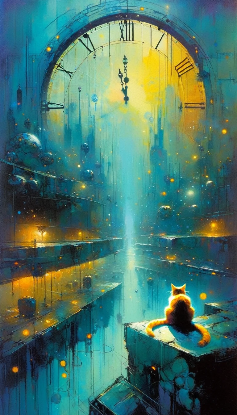 a cat on the theme of a clock, futuristic world, loneliness,(art inspired by Bill Sienkiewicz). oil painting)