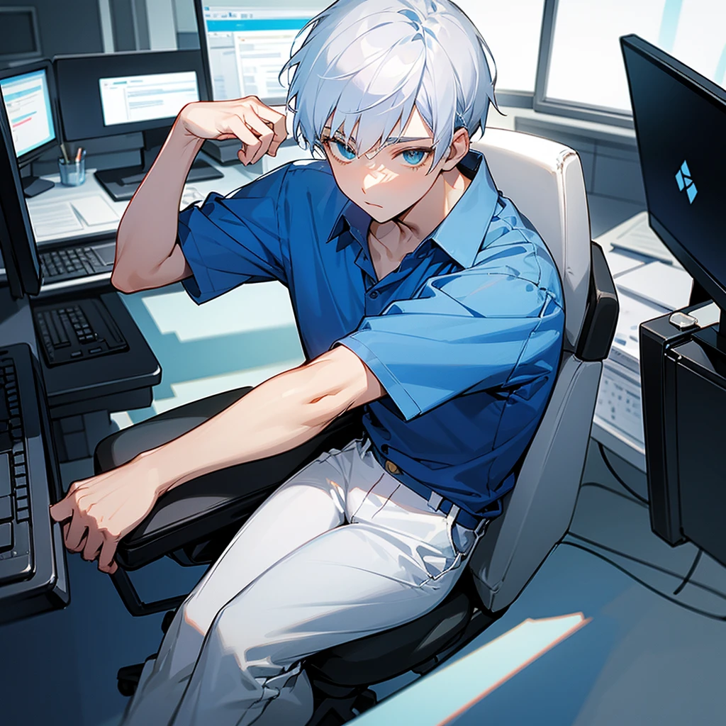 boy, dark blue shirt, bluish white hair, greeneyes, dark blue pants, sitting in an office chair using the computer