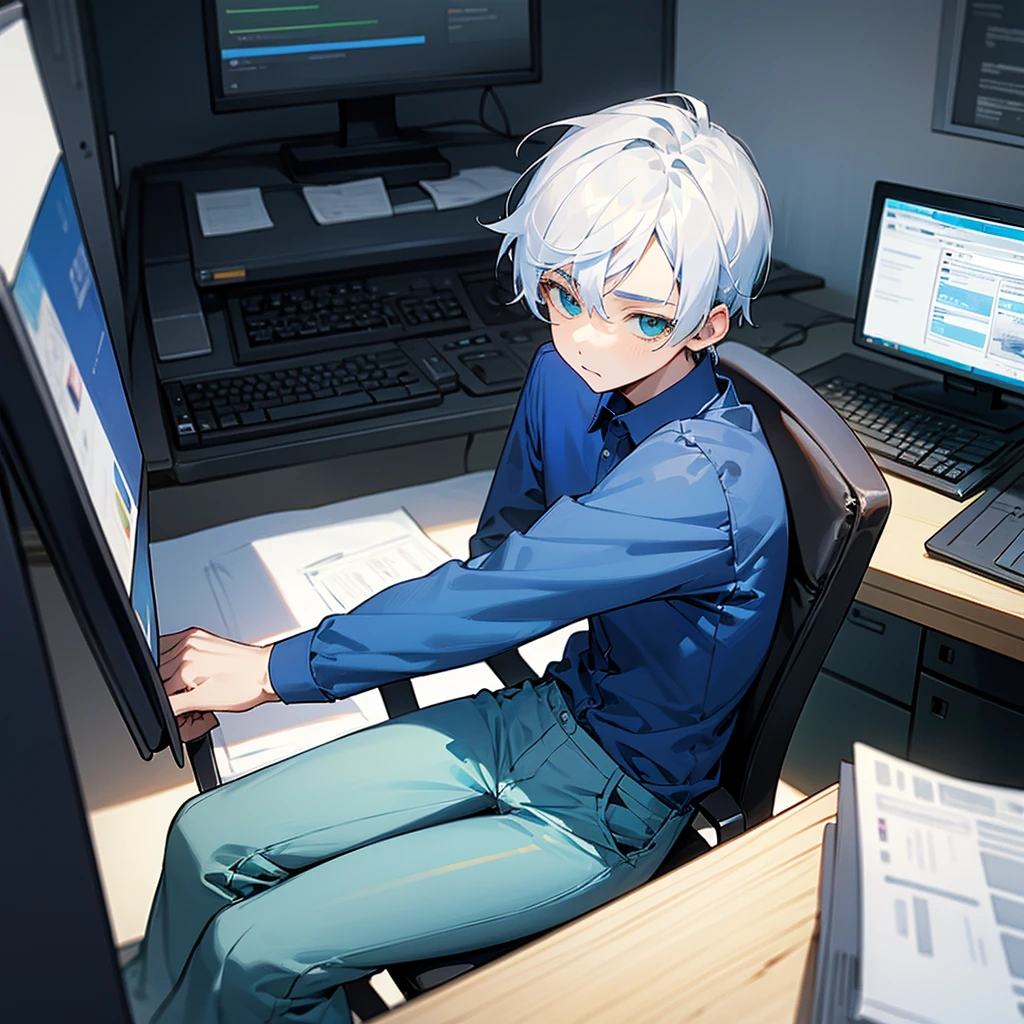 teenage boy, dark blue shirt, bluish white hair, greeneyes, dark blue pants, sitting in an office chair using the computer