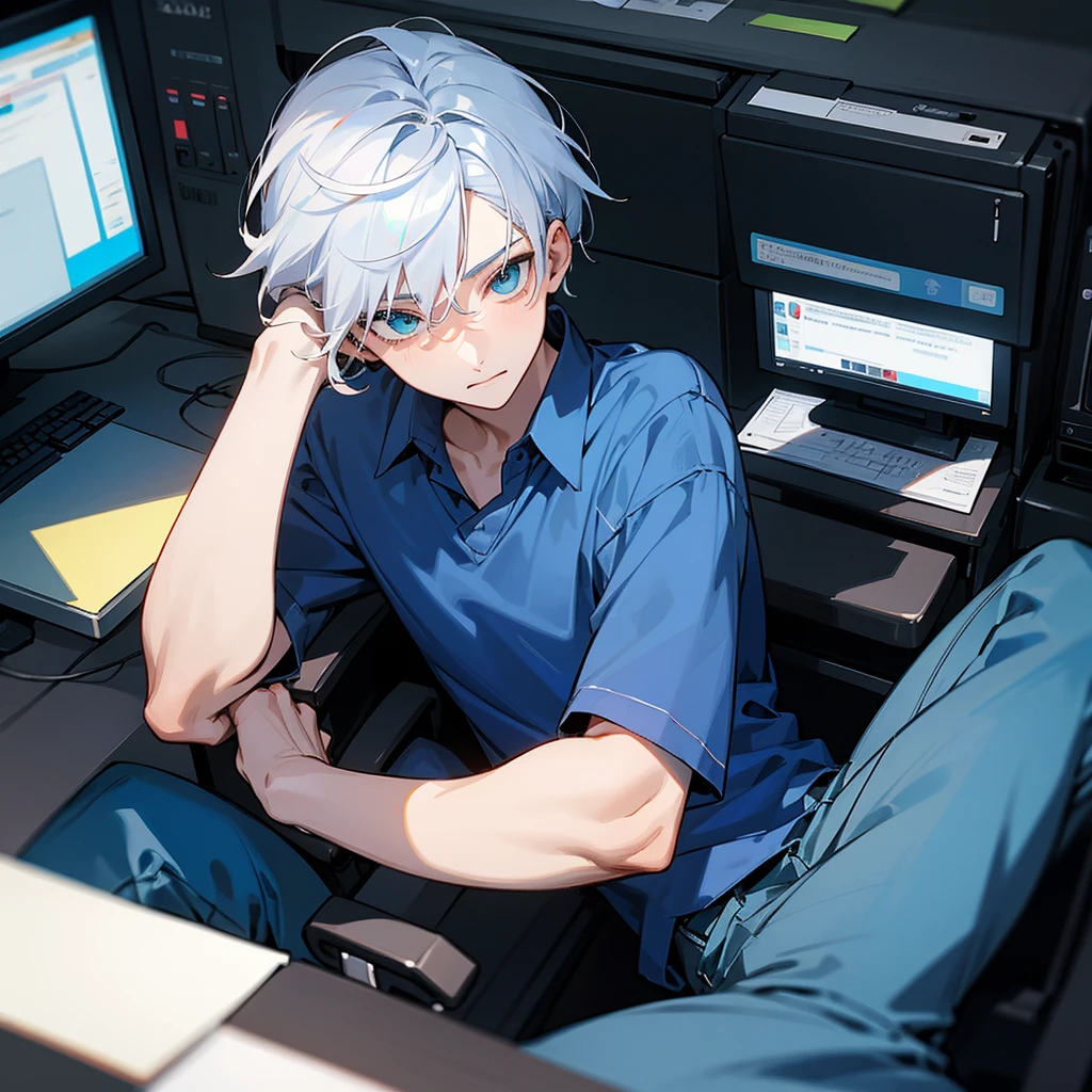 teenage boy, dark blue shirt, bluish white hair, greeneyes, dark blue pants, sitting in an office chair using the computer