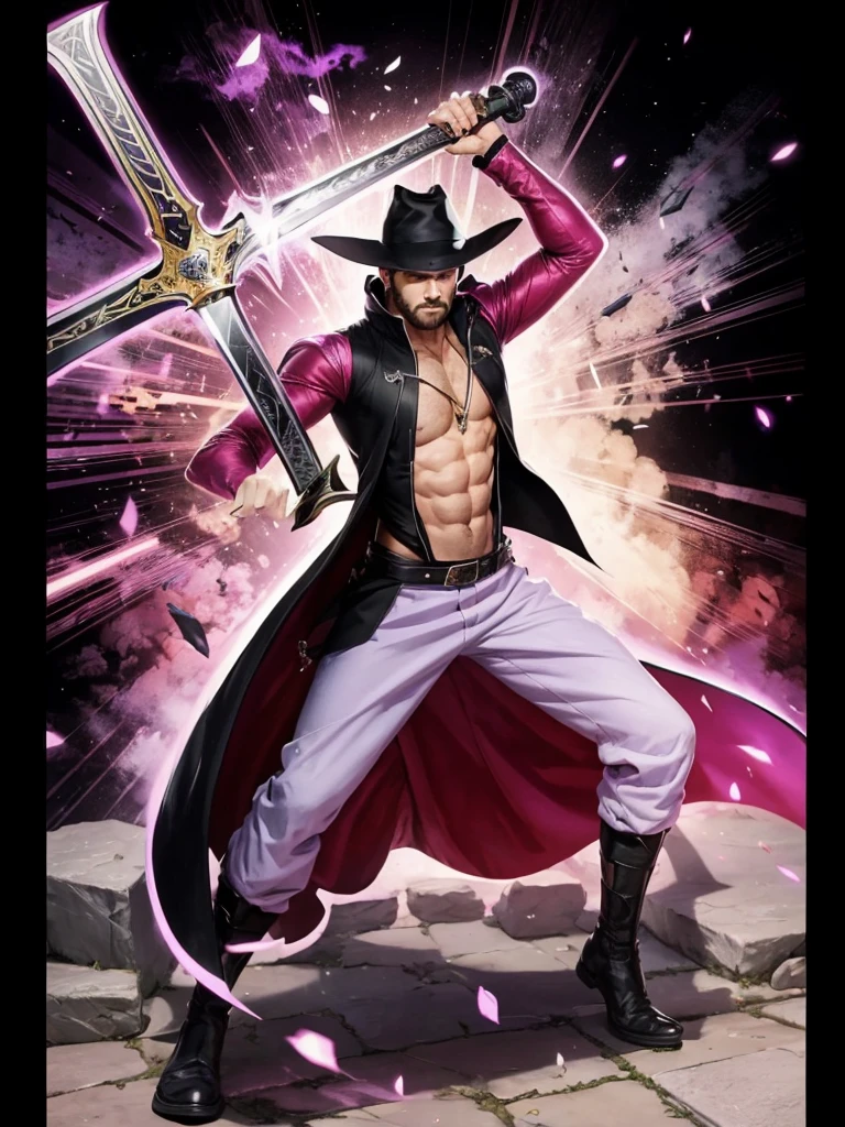 A strong man with defined body, with lilac pants, long cape on the back, Black jacke, black hat on head, holding in his hands a huge sword