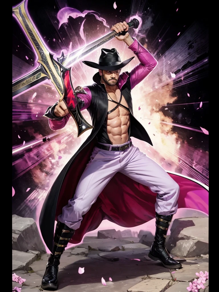 A strong man with defined body, with lilac pants, long cape on the back, Black jacke, black hat on head, holding in his hands a huge sword