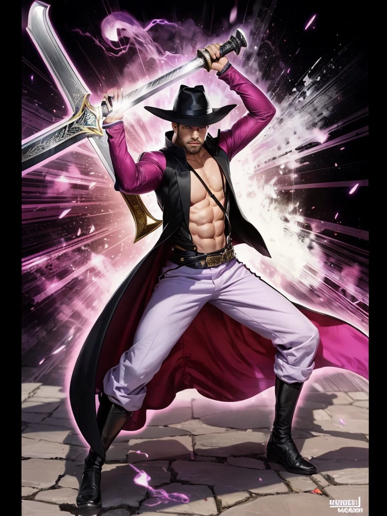 A strong man with defined body, with lilac pants, long cape on the back, Black jacke, black hat on head, holding in his hands a huge sword