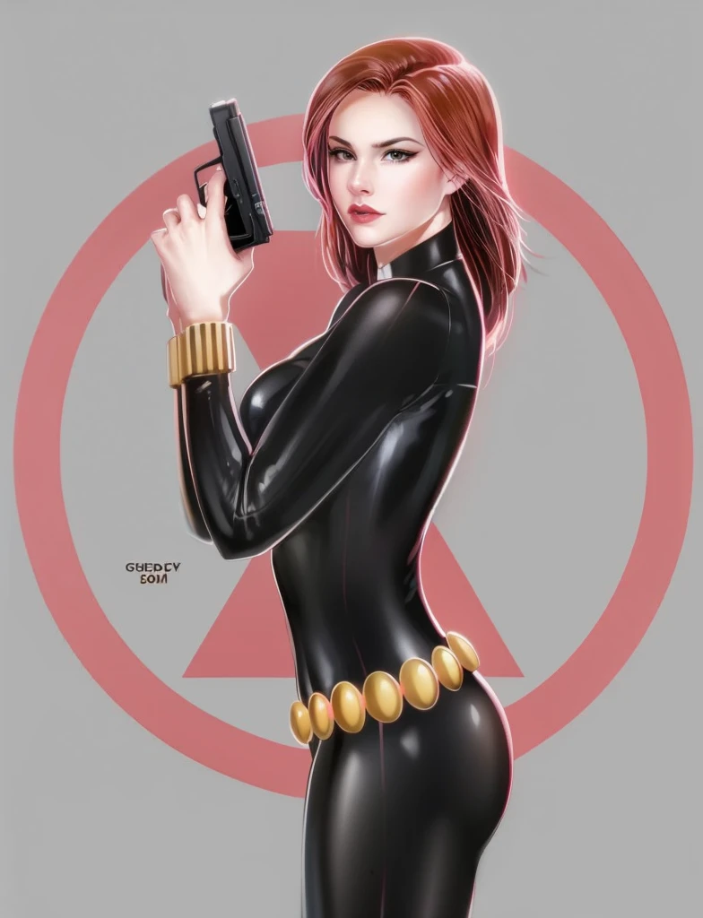  Black Widow, from the Marvel Comics universe. She is showcased in a sleek skin-tight shiny black latex bodysuit, a belt made of golden circles, and golden wrist guards. In her right hand, she is holding a gun. The ambiance divulges power, strength, and an impressive aura radiated by Black Widow.