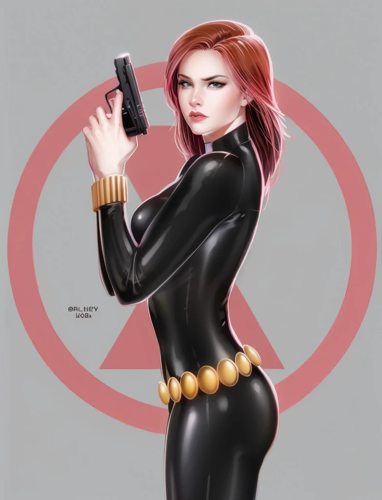 Black Widow, from the Marvel Comics universe. She is showcased in a sleek skin-tight shiny black latex bodysuit, a belt made of golden circles, and golden wrist guards. In her right hand, she is holding a gun. The ambiance divulges power, strength, and an impressive aura radiated by Black Widow.