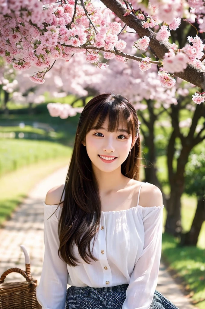 8K、highest quality、masterpiece、超A high resolution、photograph、The elegance of beautiful Japanese women、Single-lens reflex camera、There are some good ones too、A transparent atmosphere、sexy lip、slanted bangs、beautiful face、medium long hair、make bangs、smile、natural soft light、22 year old girl wearing a suit、wear a skirt、country road、Cherry tree,sitting on a picnic sheet,I'm chatting,