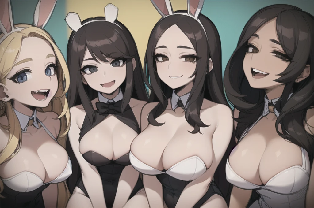 three sexy women who are wives of boy, looking at camera, happy opened mouths, portrait, various hair, bunny outfits