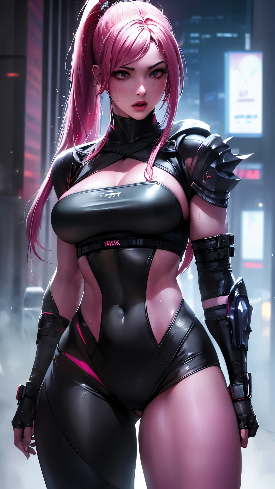 ((Ultra resolution image)), ((HDR MORE)), ((ultra realistic modeling)), high resolution, ((8K)), tall woman, 18-years old, wet pink lips, medium breasts, medium hips , thick-thighs , base ( Sonia Blade Mortal Kombat ), cyberpunk clothing, Neon Blue Mask , wasteland , sweaty skin