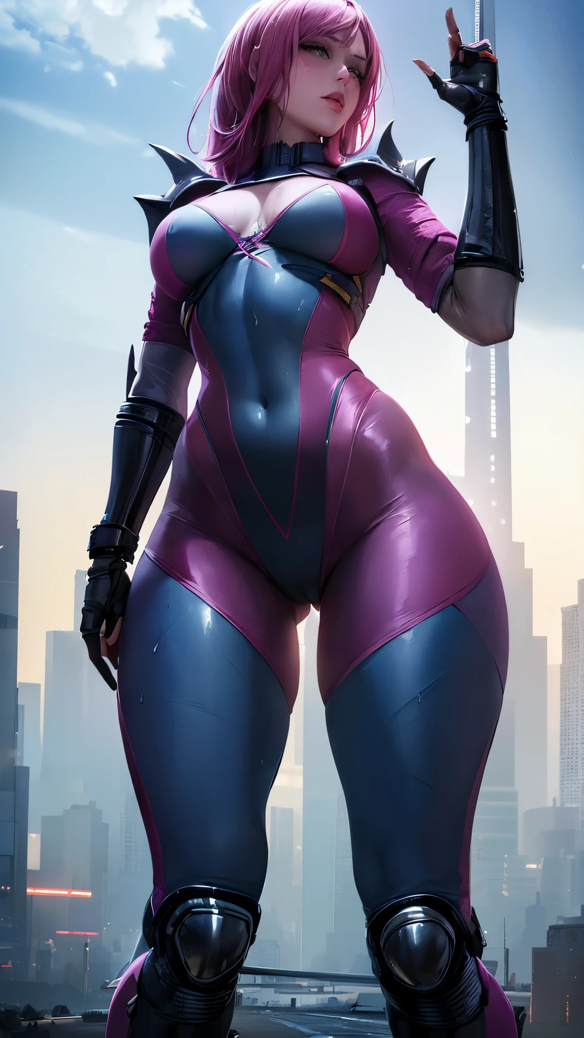 ((Ultra resolution image)), ((HDR MORE)), ((ultra realistic modeling)), high resolution, ((8K)), tall woman, 18-years old, wet pink lips, medium breasts, medium hips , thick-thighs , base ( Sonia Blade Mortal Kombat ), cyberpunk clothing, Neon Blue Mask , wasteland , sweaty skin