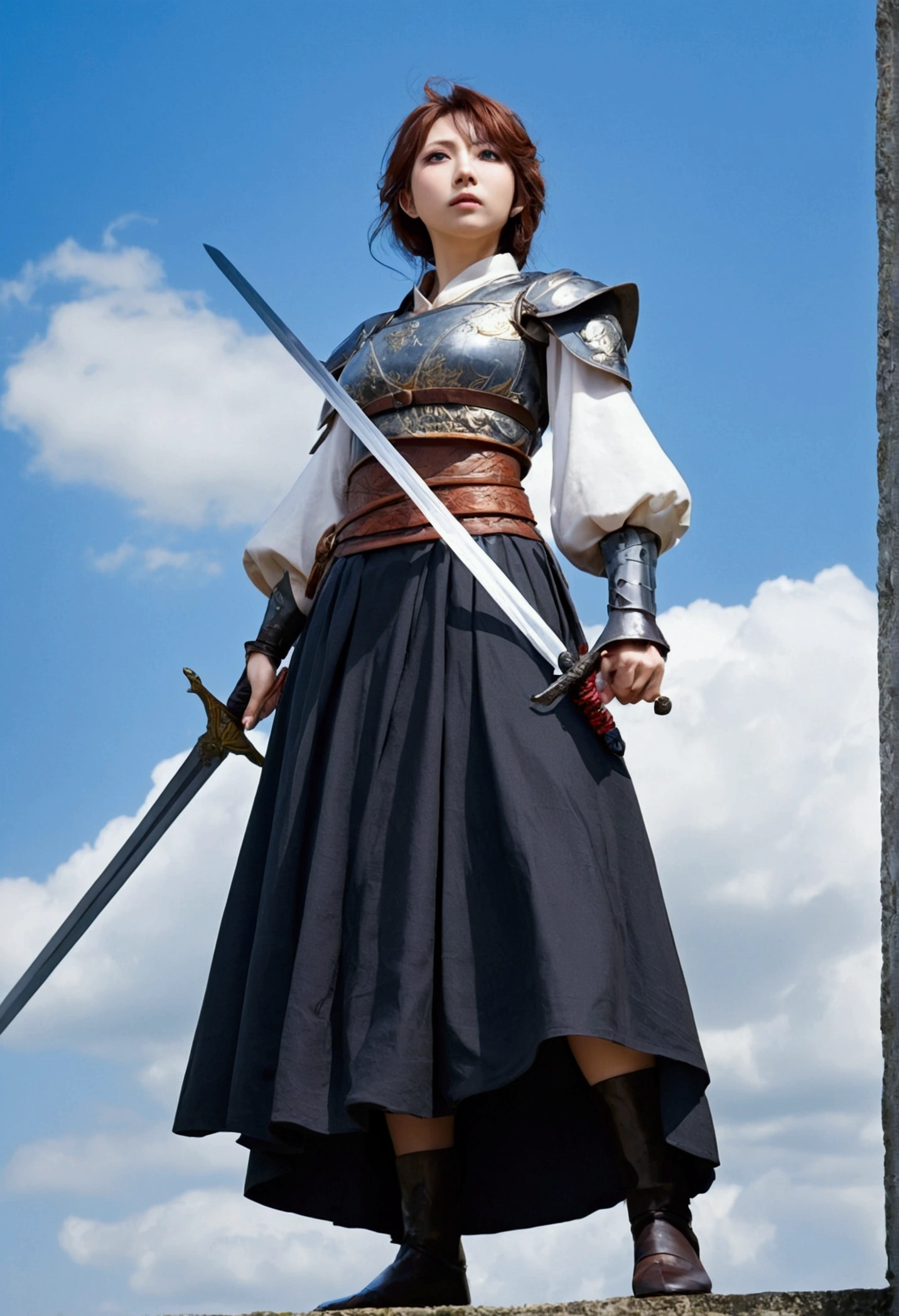 Japanese anime style. woman. middle ages. Europe. fantasy. skirt. sword. Are standing. Whole body. from below.  