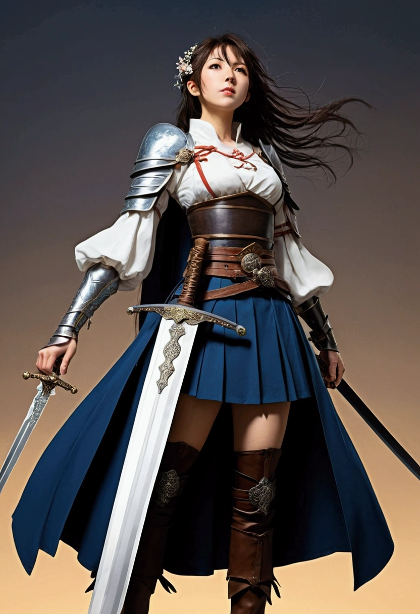 Japanese anime style. woman. middle ages. Europe. fantasy. skirt. sword. Are standing. Whole body. from below.  