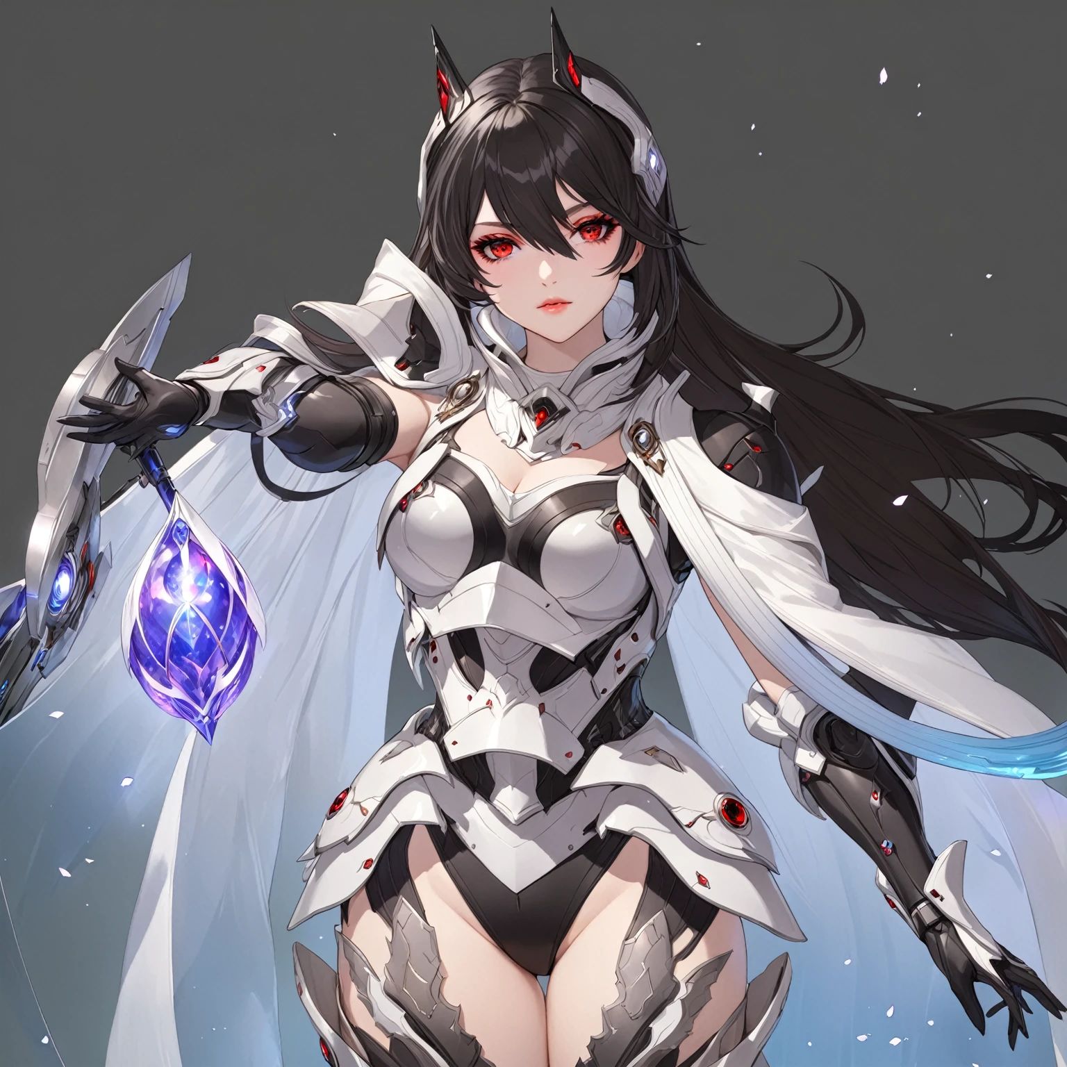 masterpiece, best quality, good quality, Highly detailed, shadowverse style, female, red eyes, black with white hair mix, modern fantasy sci-fi aesthethic