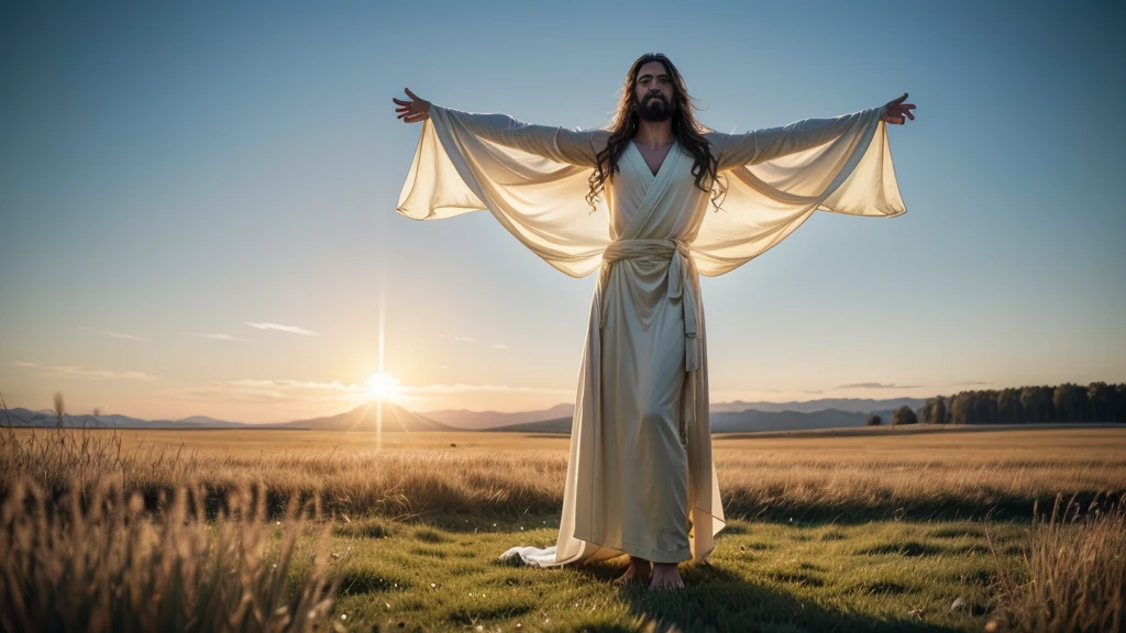 A full body shot of an ultra-realistic and beautiful Jesus Christ with His arms open, welcoming us, standing in a serene meadow with a soft golden light illuminating His figure, wearing a flowing white robe, with a gentle smile and compassionate eyes, during a radiant sunrise, shot with a Nikon Z7 II, 50mm f/1.4 lens, vibrant colors
