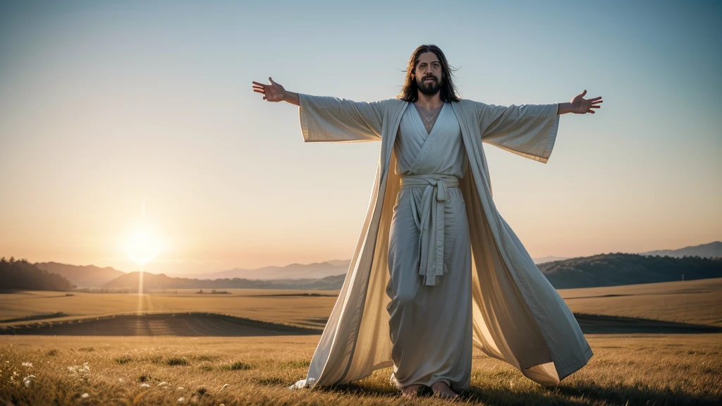 A full body shot of an ultra-realistic and beautiful Jesus Christ with His arms open, welcoming us, standing in a serene meadow with a soft golden light illuminating His figure, wearing a flowing white robe, with a gentle smile and compassionate eyes, during a radiant sunrise, shot with a Nikon Z7 II, 50mm f/1.4 lens, vibrant colors