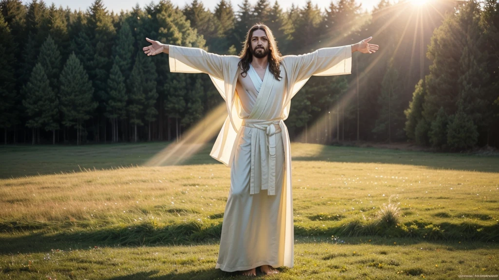 A full body shot of an ultra-realistic and beautiful Jesus Christ with His arms open, welcoming us, standing in a serene meadow with a soft golden light illuminating His figure, wearing a flowing white robe, with a gentle smile and compassionate eyes, during a radiant sunrise, shot with a Nikon Z7 II, 50mm f/1.4 lens, vibrant colors