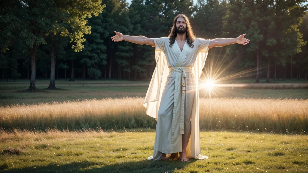 A full body shot of an ultra-realistic and beautiful Jesus Christ with His arms open, welcoming us, standing in a serene meadow with a soft golden light illuminating His figure, wearing a flowing white robe, with a gentle smile and compassionate eyes, during a radiant sunrise, shot with a Nikon Z7 II, 50mm f/1.4 lens, vibrant colors