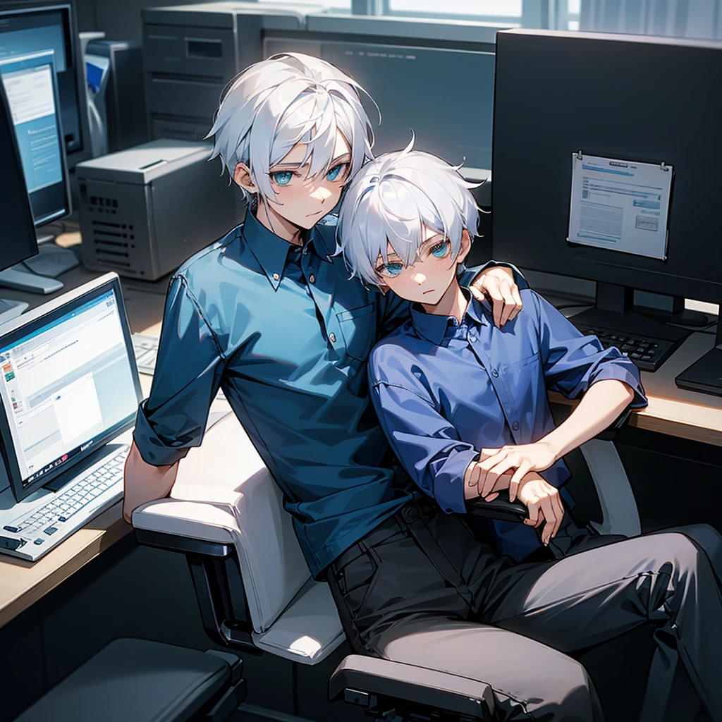 teenage boy, dark blue shirt, bluish white hair, greeneyes, black pants, sitting in an office chair using the computer