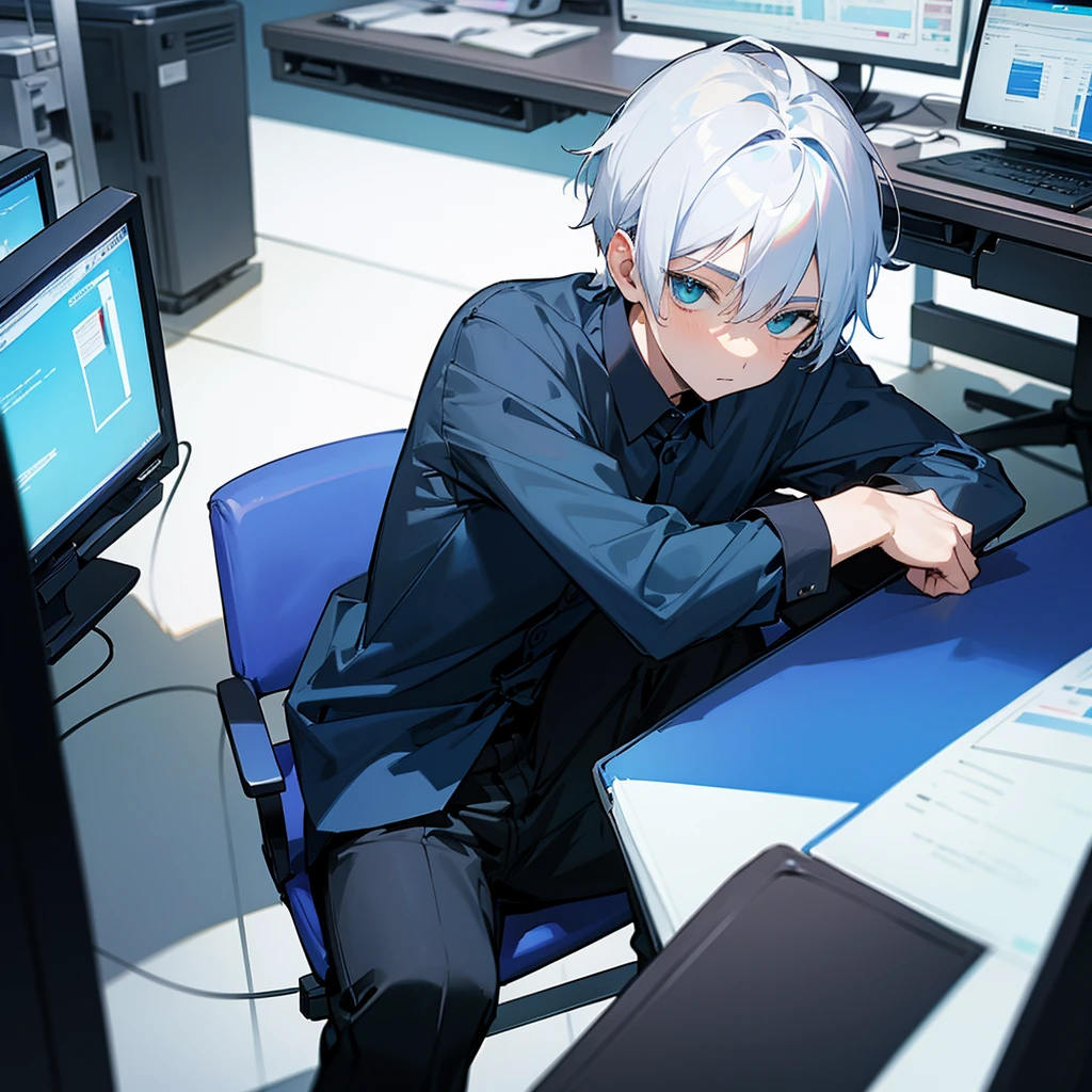 age boy, dark blue shirt, bluish white hair, greeneyes, black pants, sitting in an office chair using the computer