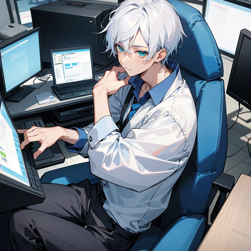 teenage boy, dark blue shirt, bluish white hair, greeneyes, black pants, sitting in an office chair using the computer