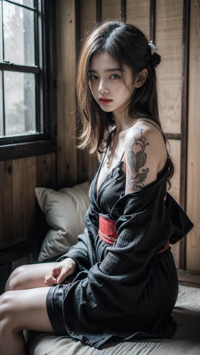 Create a highly detailed digital painting of a young woman with short, long black hair, sitting cross-legged in a traditional Japanese wooden room, (tattoos all over the body:1.3), (legs folded: 1.3), showcasing a mix of traditional and modern designs. She is wearing a kimono with a deep neckline, partially revealing her tattoos. Her expression is calm and focused, with a slight blush on her cheeks. The wooden interior, with soft natural light filtering through shoji screens, adds to the serene and contemplative atmosphere.