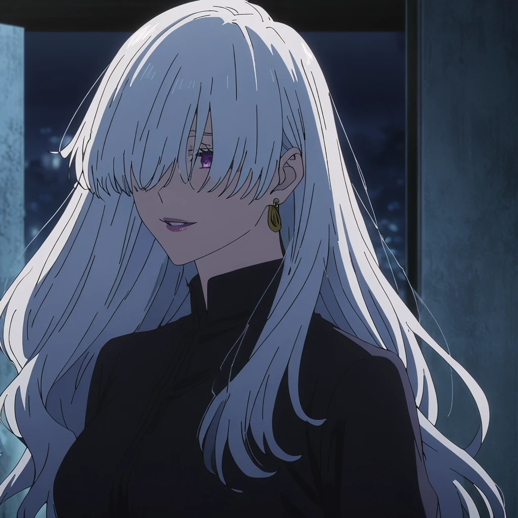 1girl, female gojo satoru, anime screencap from jujutsu kaisen, gojo satoru female version, solo, long_hair, ((purple eyes)) ((White_hair, hair over eyes from one side)), night view, (hanging breasts) upper_body, smile, indoors, book, lips, (long hair) ((wearing black colour outfit, glossy)) breast, "very detailed and high resolution" (purple eyes) ((solo)) (((front view))) (earings) ((high resolution)) ((good quality)) ((silky hair, hair over eyes from one side)) ((shy))