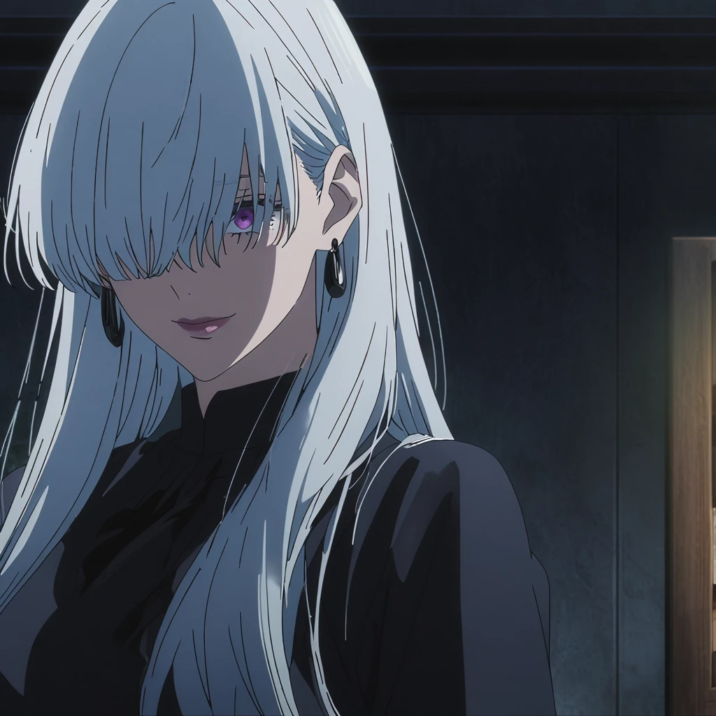 1girl, female gojo satoru, anime screencap from jujutsu kaisen, gojo satoru female version, solo, long_hair, ((purple eyes)) ((White_hair, hair over eyes from one side)), night view, (hanging breasts) upper_body, smile, indoors, book, lips, (long hair) ((wearing black colour outfit, glossy)) breast, "very detailed and high resolution" (purple eyes) ((solo)) (((front view))) (earings) ((high resolution)) ((good quality)) ((silky hair, hair over eyes from one side)) ((shy))