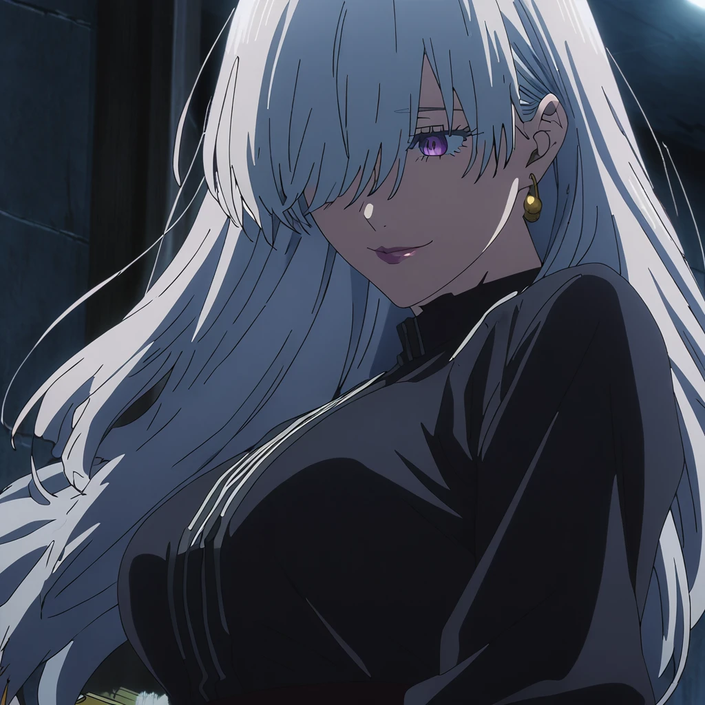 1girl, female gojo satoru, anime screencap from jujutsu kaisen, gojo satoru female version, solo, long_hair, ((purple eyes)) ((White_hair, hair over eyes from one side)), night view, (hanging breasts) upper_body, smile, indoors, book, lips, (long hair) ((wearing black colour outfit, glossy)) breast, "very detailed and high resolution" (purple eyes) ((solo)) (((front view))) (earings) ((high resolution)) ((good quality)) ((silky hair, hair over eyes from one side)) ((shy))