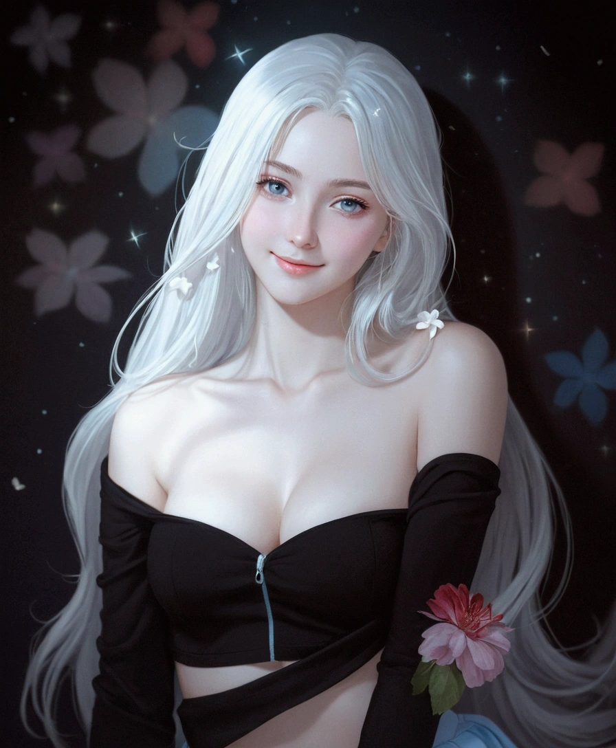 NSFW,realistic image, detailed image, coherent image, 1 beautiful girl, she has very long hair, white hair, light blue eyes, smiling expression. She is wearing a long-sleeved t-shirt, showing her navel, a pleated miniskirt, sneakers, She has a curvy body, medium breasts and thick thighs, She is posing sensually, lifting her skirt a little, arching her back, black background, uniform background, starry night, flower petals falling around, Soft focus, full body view, Dramatic shadows, Volumetric lighting, natural lighting,Alisa Mikhailovna Kujou,ahoge