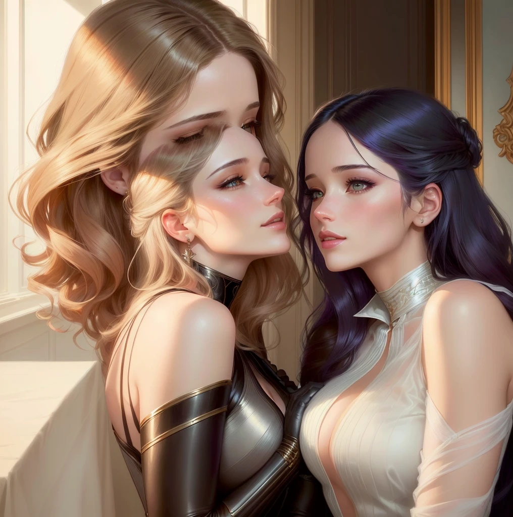 "Two women kissing passionately, are Kate Winslet and Evan Rachel Wood, involved in a moment of desire and intense connection. They're wearing sexy tulle and lace sweaters, highlighting their attractive curves. The scene depicts the beauty of love and desire between two women."