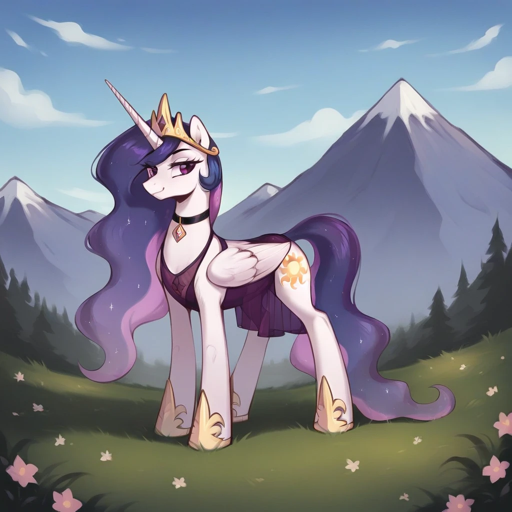 score_9, score_8_up, score_7_up, score_6_up, score_5_up, score_4_up, rating_explicit, outdoors, purple (see through purple dress and neck choker), solo, feral pony, princess  celestia, evil smile, closed mouth,BREAK mountain, day, sky, flower, mountainous horizon, blue sky, grass 