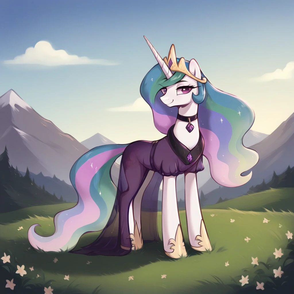 score_9, score_8_up, score_7_up, score_6_up, score_5_up, score_4_up, rating_explicit, outdoors, purple (see through purple dress and neck choker), solo, feral pony, princess  celestia, evil smile, closed mouth,BREAK mountain, day, sky, flower, mountainous horizon, blue sky, grass 