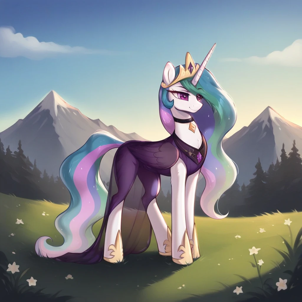 score_9, score_8_up, score_7_up, score_6_up, score_5_up, score_4_up, rating_explicit, outdoors, purple (see through purple dress and neck choker), solo, feral pony, princess  celestia, evil smile, closed mouth,BREAK mountain, day, sky, flower, mountainous horizon, blue sky, grass 