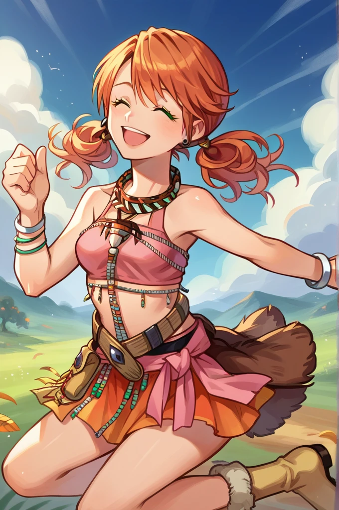 score_9, score_8_up, score_7_up, source_anime BREAK 1girl, solo,  vanille, twintails, green eyes, tribal jewelry, earring, necklace, bracelet, beads, pink crop top, belt, sarong, closed eyes, happy, jumping, fur-trimmed boots, field, autumn