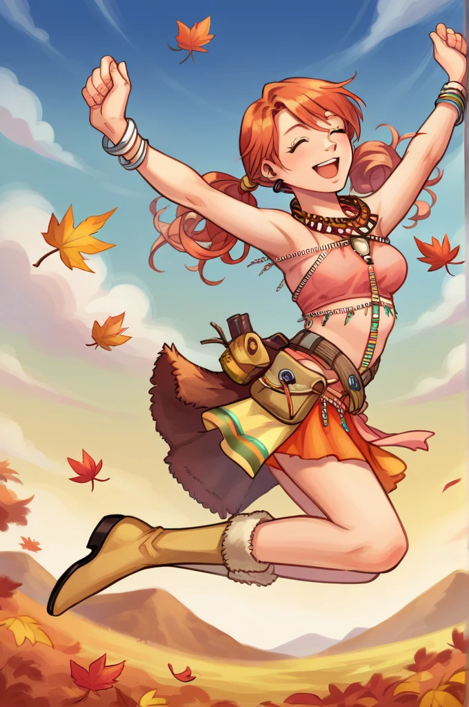 score_9, score_8_up, score_7_up, source_anime BREAK 1girl, solo,  vanille, twintails, green eyes, tribal jewelry, earring, necklace, bracelet, beads, pink crop top, belt, sarong, closed eyes, happy, jumping, fur-trimmed boots, field, autumn