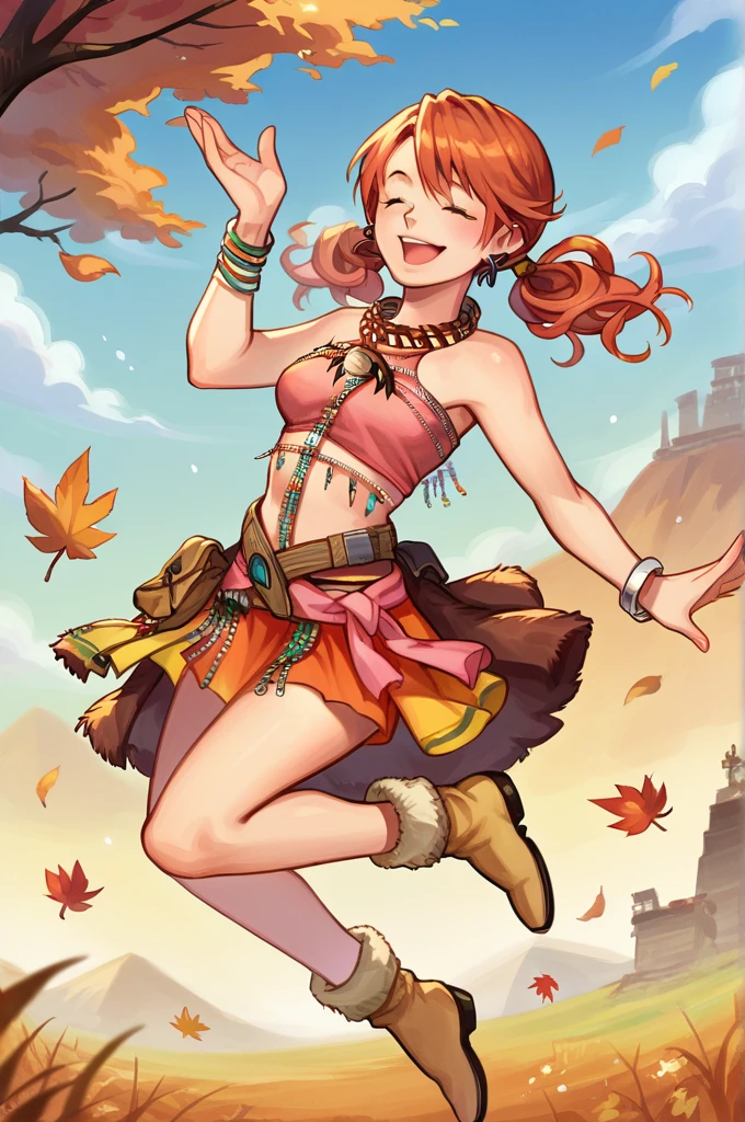 score_9, score_8_up, score_7_up, source_anime BREAK 1girl, solo,  vanille, twintails, green eyes, tribal jewelry, earring, necklace, bracelet, beads, pink crop top, belt, sarong, closed eyes, happy, jumping, fur-trimmed boots, field, autumn