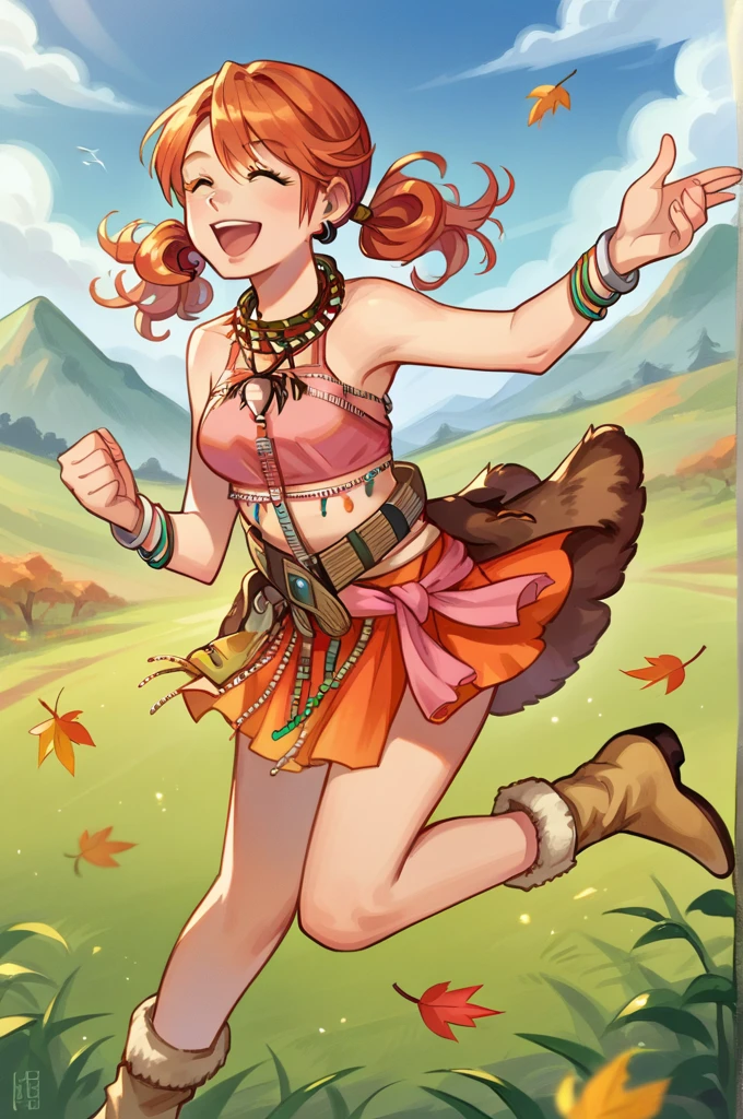 score_9, score_8_up, score_7_up, source_anime BREAK 1girl, solo,  vanille, twintails, green eyes, tribal jewelry, earring, necklace, bracelet, beads, pink crop top, belt, sarong, closed eyes, happy, jumping, fur-trimmed boots, field, autumn