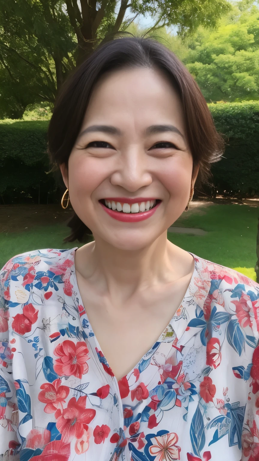 , Standing in the park, Wrinkles around the eyes, Smiling with teeth showing, Japanese painting, senior citizen, Draw lips correctly, Red lipstick, No discomfort, 16K, Highest quality, Very detailed, Realistic, Very detailed肌, (Japanese), (alone), 100 years old, Large Breasts, , Glamour, sexy, Chromo White Skin, Staring straight ahead,