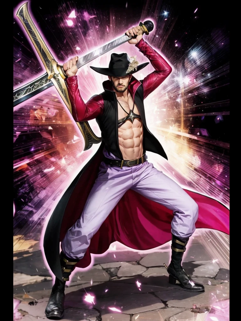 A strong man with defined body, with lilac pants, long cape on the back, Black jacke, black hat on head, holding in his hands a huge sword