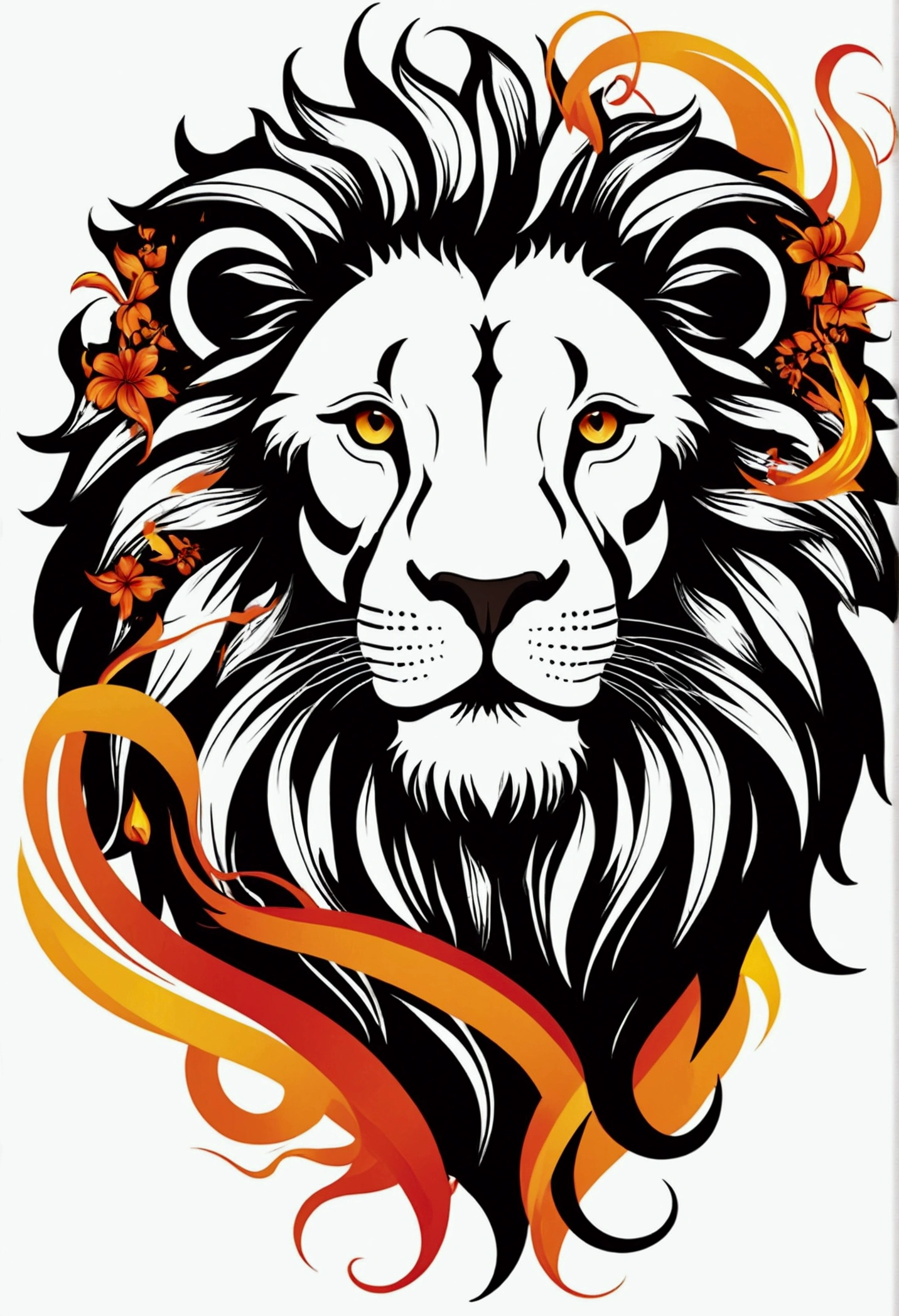 ::style vetor, lion vector logo, cor preto,  soon in (((lion format), flowers, fire flames around the logo,  white image background ::n_style,  logo with Deformations, ultrarealistic, 32K