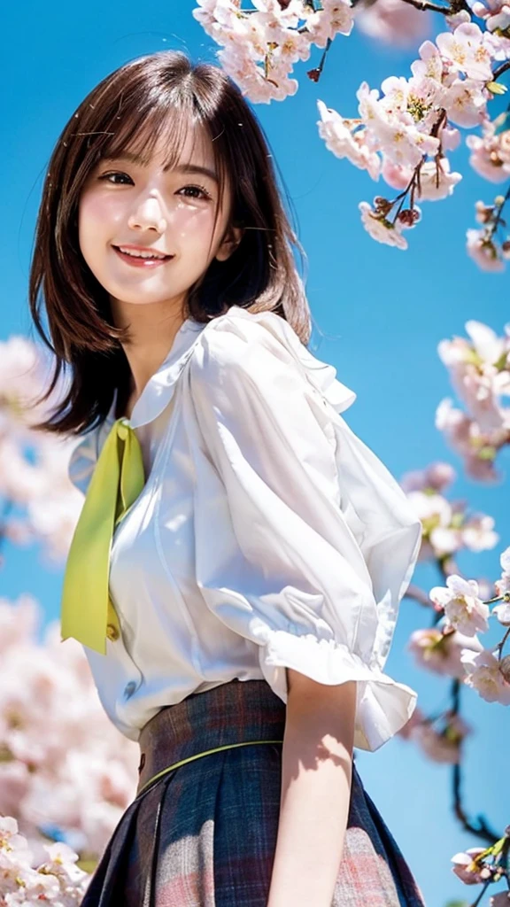 (highest quality,masterpiece:1.3,ultra high resolution),(Super detailed,caustics,8k),(photorealistic:1.4,RAW shooting),1 girl,Are standing,(smile),(looking down at the camera),20-year-old,cute,Japanese,natural brown middle hair,(white blouse),lime green flared skirt,glamorous,(big ),(breast focus),grass,cherry blossoms,blue sky,sun,Natural light,(Lens flare),professional writing,(shot from the waist up),(Tilt composition:1.3),(low position:1.4),(Low - Angle:1.4)