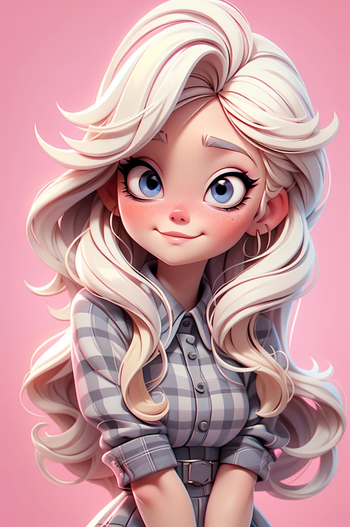 avril lavigne, plaid black and white dress, blue eyes, hair blonde and pink ombre, makeup, big eyelash, perfect, 8k, blonde, blonde, pink fushia, white background, yellow hair,
