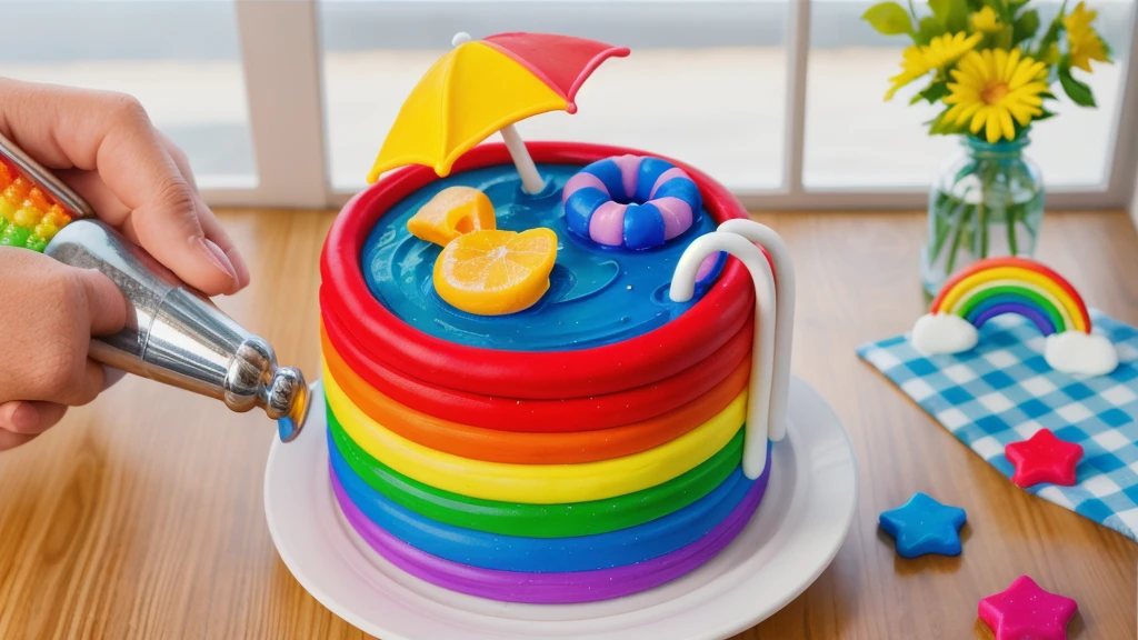 on a wooden table. there is a white plate with a rainbow cake in the form of a polymer clay pool, on the table there is a BLUE checkered tablecloth, there are STAR candies on the table next to them, ON THE TABLECLOTH IS A RAINBOW MADE OF POLYMER CLAY. against the background of the kitchen, Fruit basket, vase with Flowers, against the background of the window, bright lighting, Realistic style , realistic texture, detailed texture, a high resolution, high quality