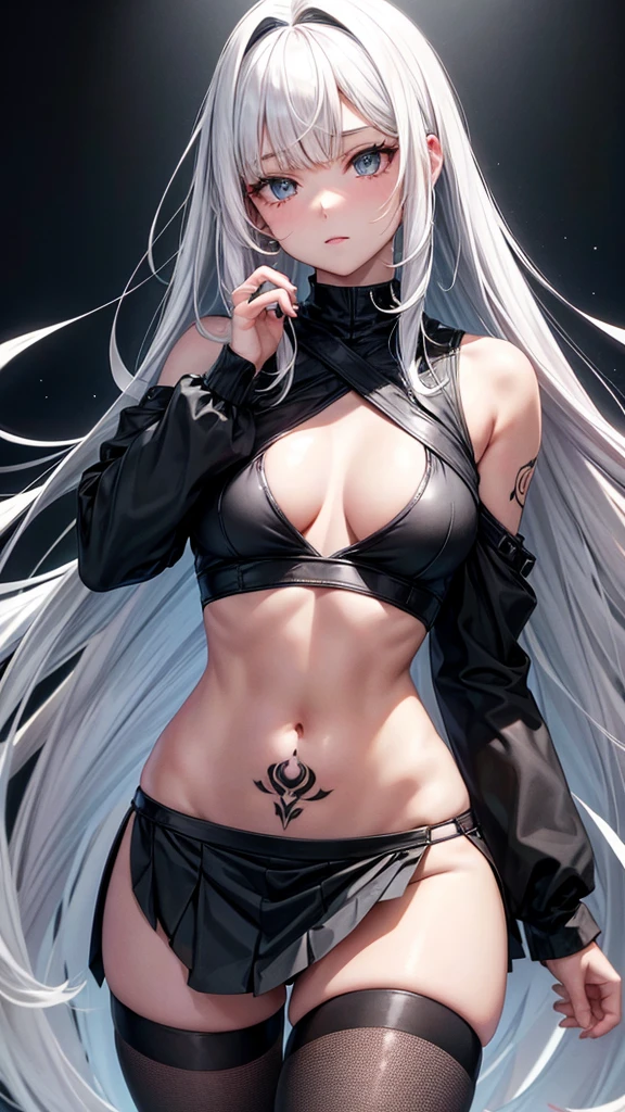 beautiful girl; 

long hair and bangs.
Hair color; white hair, but with half the black bangs and some black nechones Body; small waist, very big breasts, wide hips and big buttocks as well as chubby thighs and flat abdomen. 

Ñeyes; heterocromina, one clear black eye and the other light blue lens. 

image: has tattoos in the middle of his chest Clothing: a black body-friendly shirt, short skirt and long stockings 