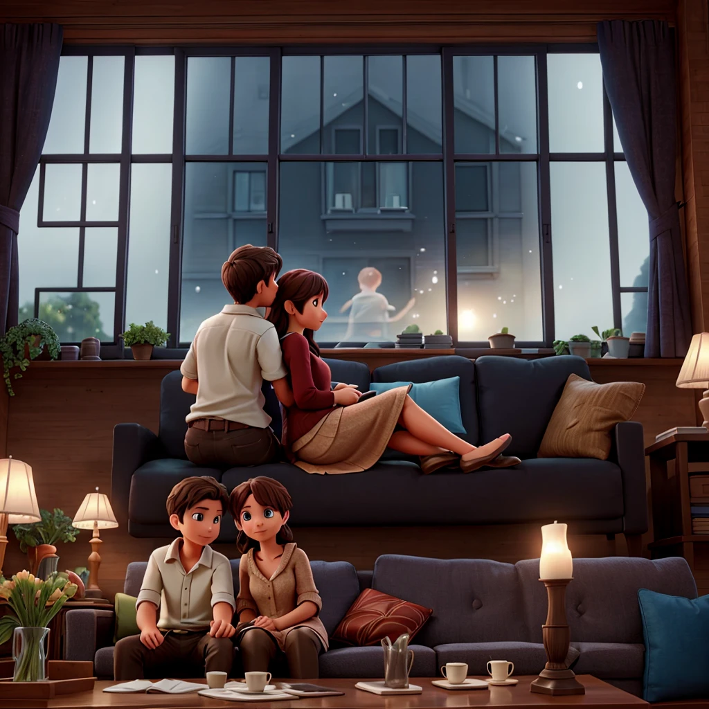 Creates an image of a couples are watching a movie sitting on the couch with the window outside and rainy landscape