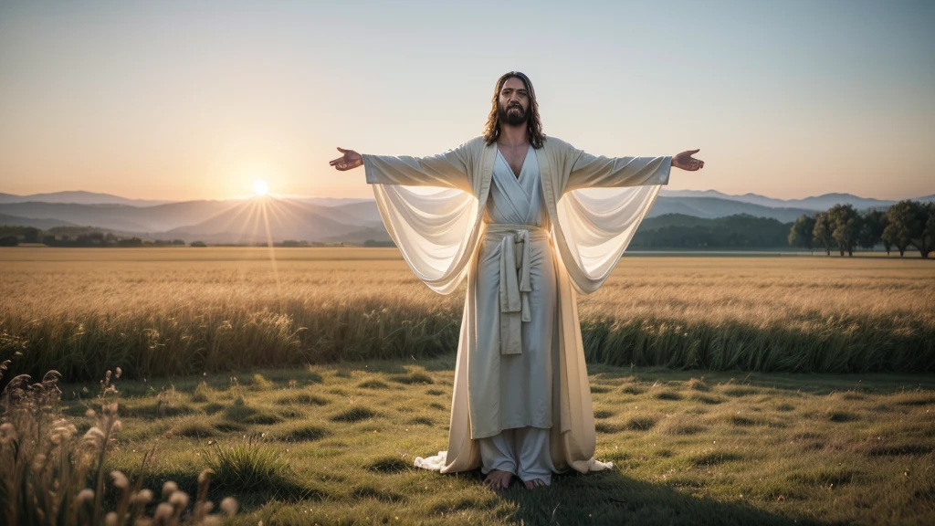A full body shot of an ultra-realistic and beautiful Jesus Christ with His arms open, welcoming us, standing in a serene meadow with a soft golden light illuminating His figure, wearing a flowing white robe, with a gentle smile and compassionate eyes, during a radiant sunrise, shot with a Nikon Z7 II, 50mm f/1.4 lens, vibrant colors