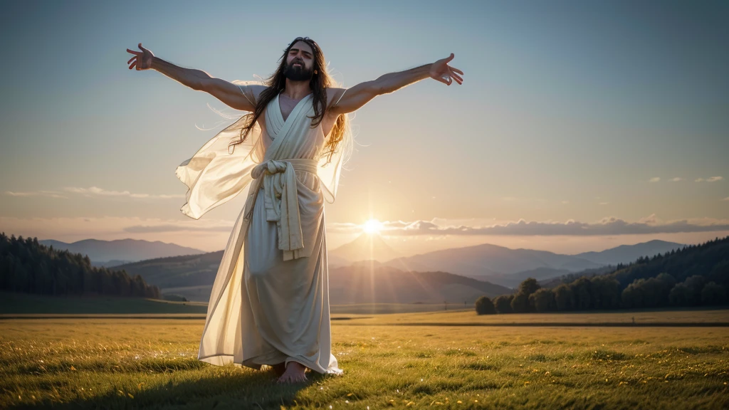 A full body shot of an ultra-realistic and beautiful Jesus Christ with His arms open, welcoming us, standing in a serene meadow with a soft golden light illuminating His figure, wearing a flowing white robe, with a gentle smile and compassionate eyes, during a radiant sunrise, shot with a Nikon Z7 II, 50mm f/1.4 lens, vibrant colors